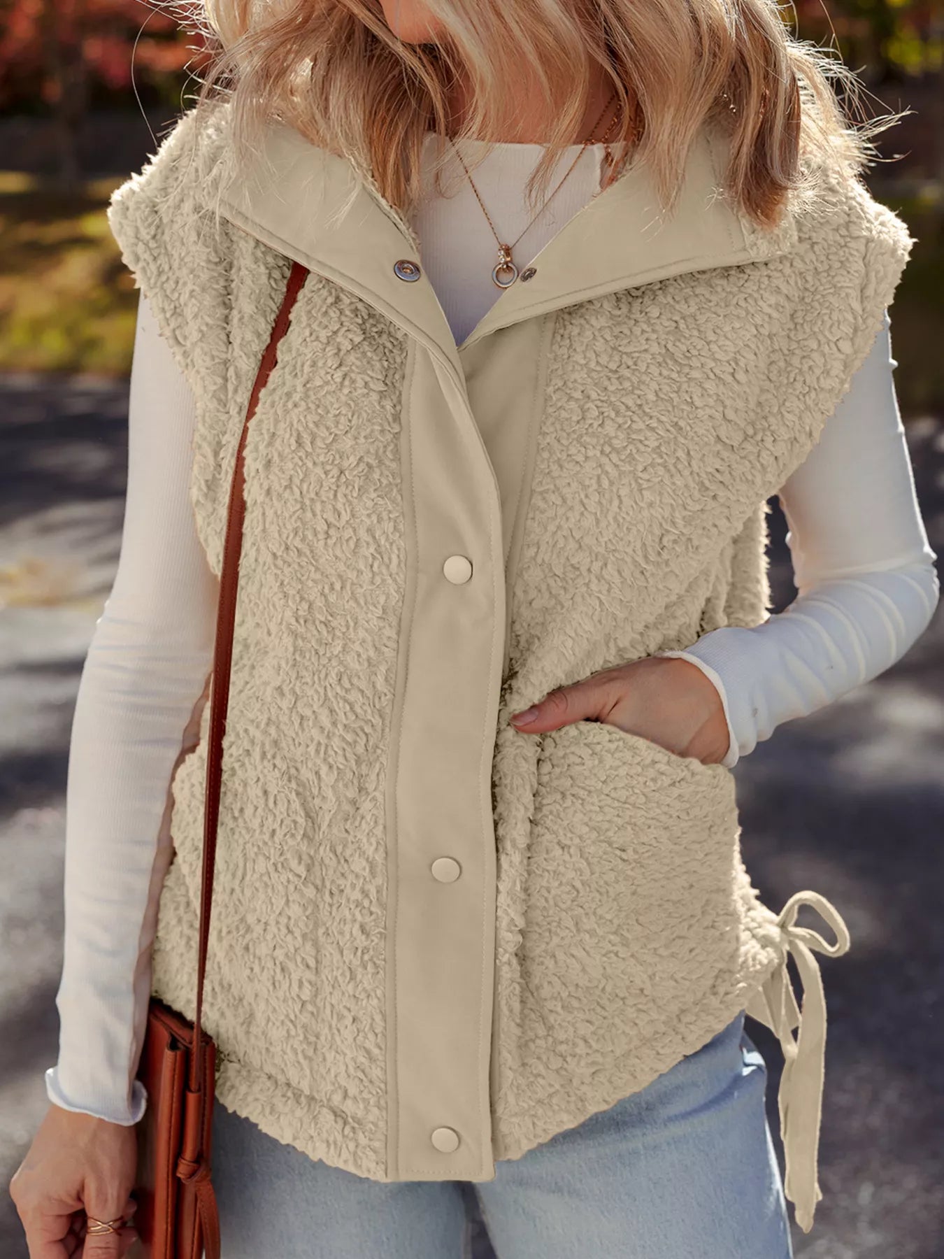 Faux Fur Snap Button Front Knot Side Plush Vest with Pockets Beige