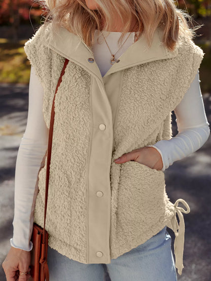 Faux Fur Snap Button Front Knot Side Plush Vest with Pockets Beige