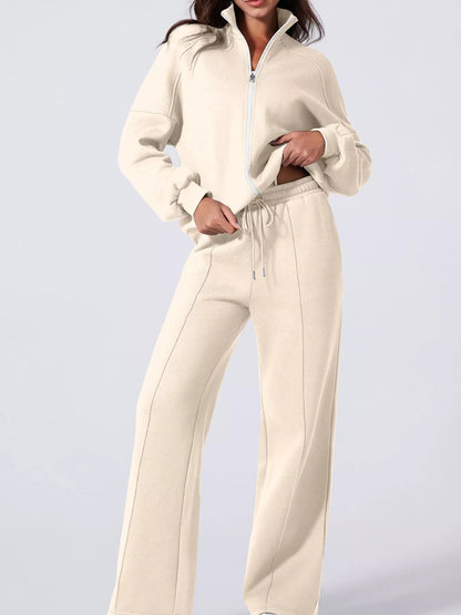 Drop Shoulder Zip Up Jacket and Drawstring Pants Active 2pcs Set