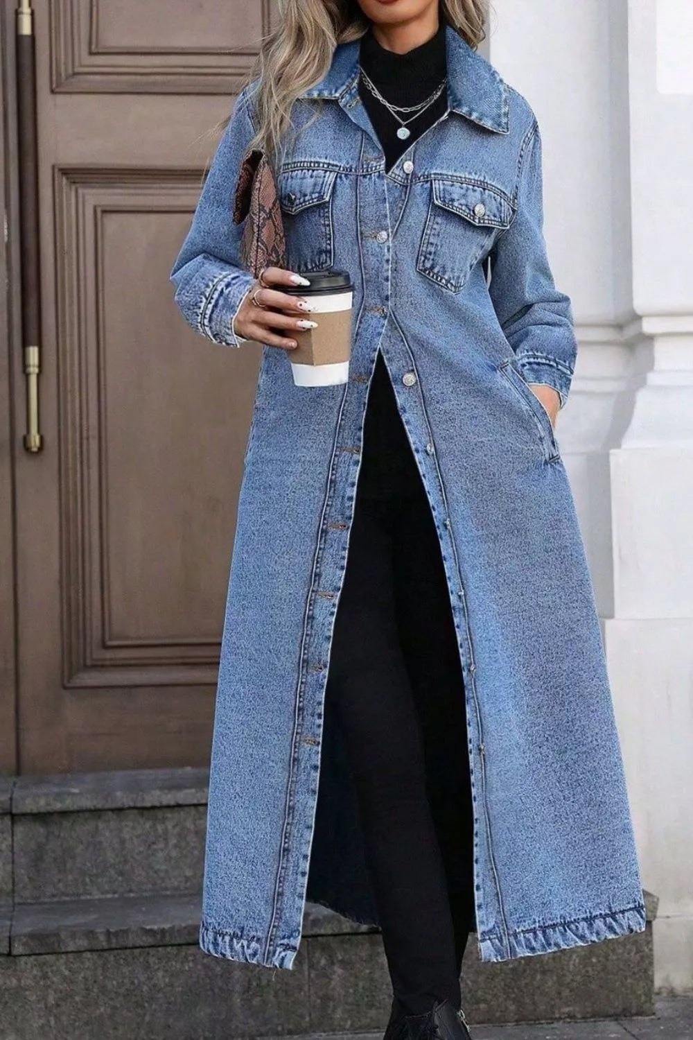 Longline Button-Front Denim Jacket Medium