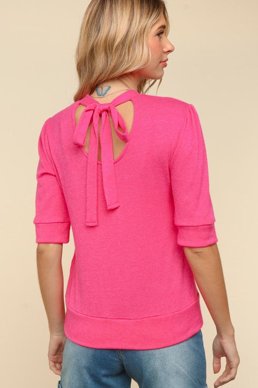 Back To School Sweater - Haptics Tied Back Mock Neck Half Sleeve Knit Top