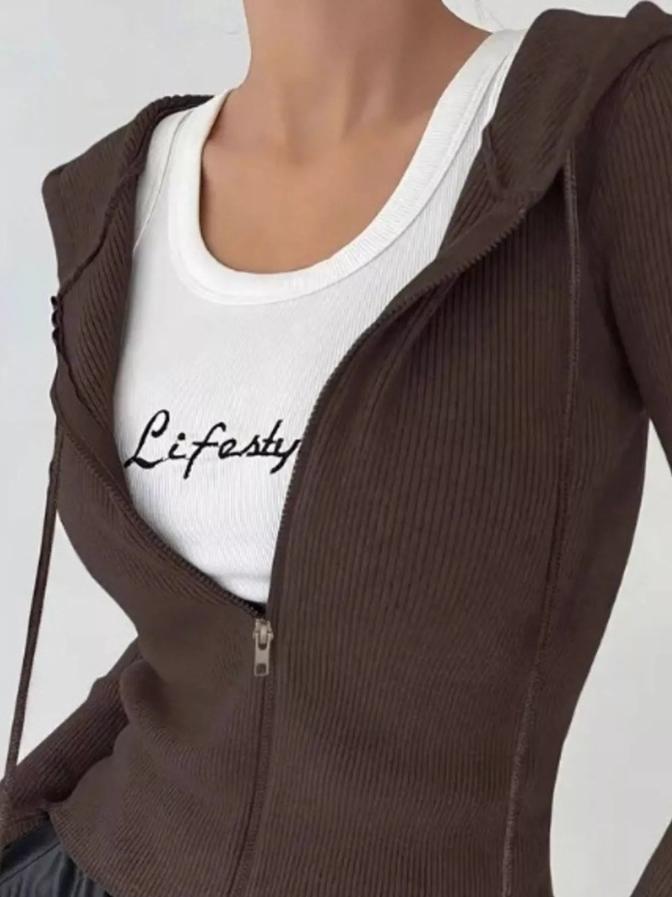 Ribbed Knit Zip-Up Hooded Cardigan