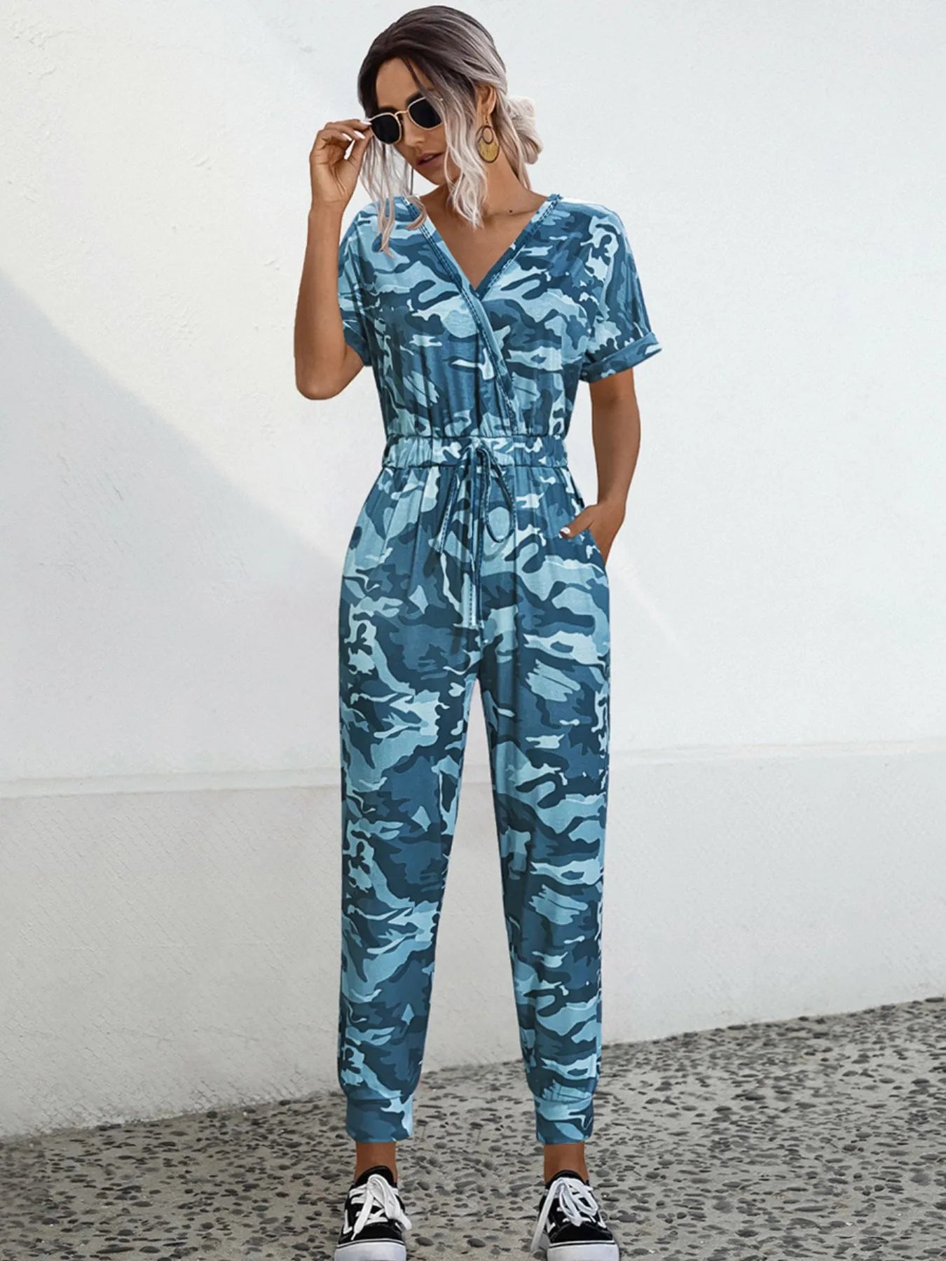 Drawstring Waist Short Sleeve Jumpsuit Blue Camouflage