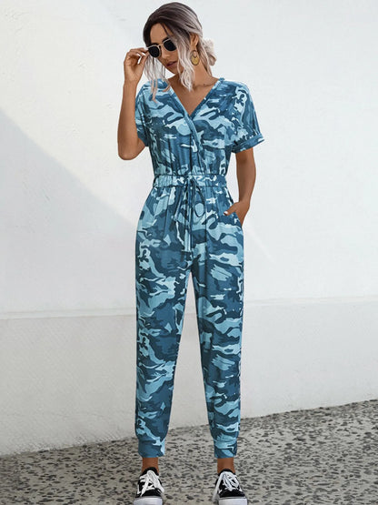 Drawstring Waist Short Sleeve Jumpsuit Blue Camouflage