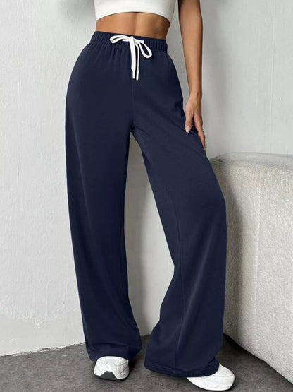 Drawstring Wide Leg Pants Navy Blue