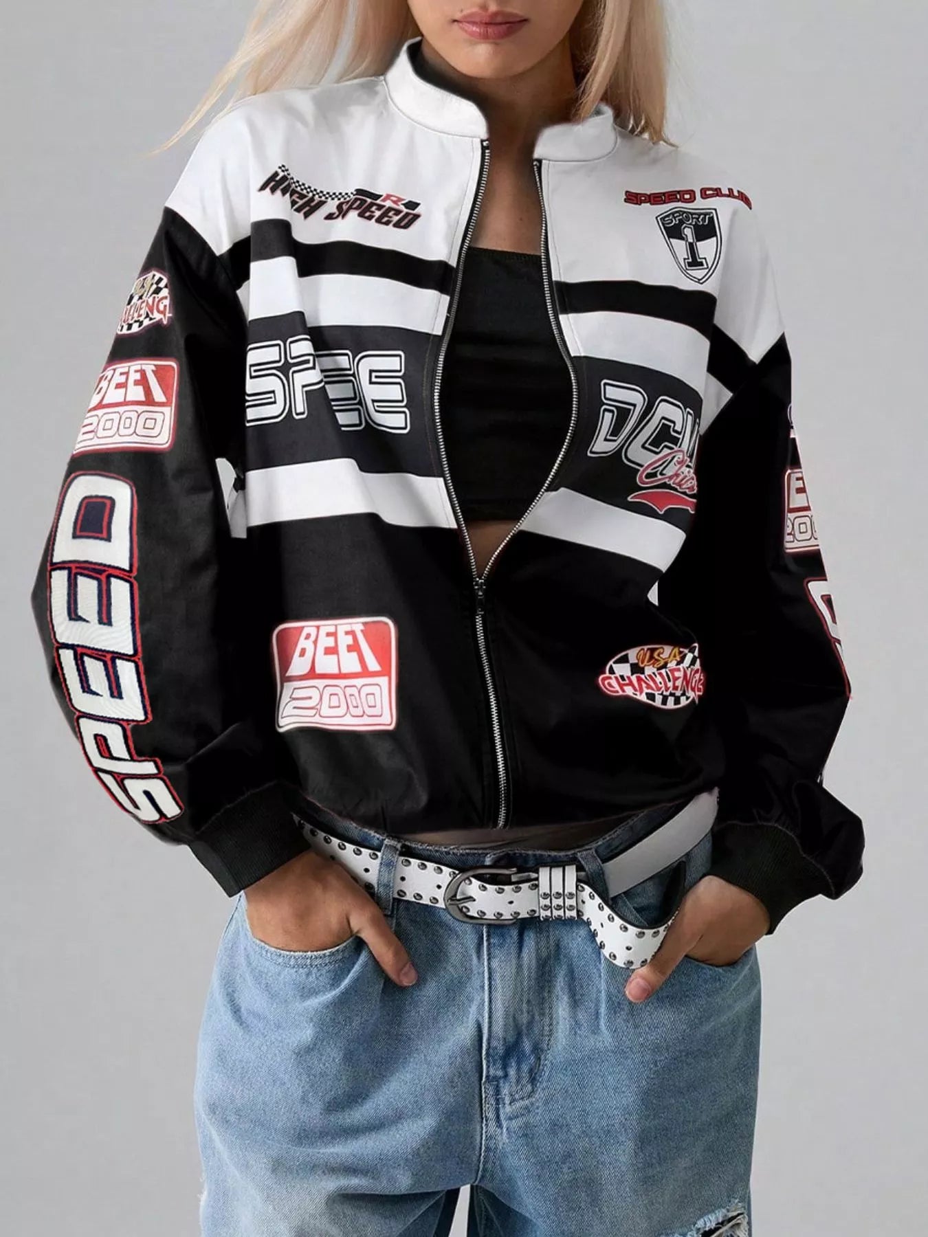 Letter Zip Up Dropped Shoulder Jacket Black