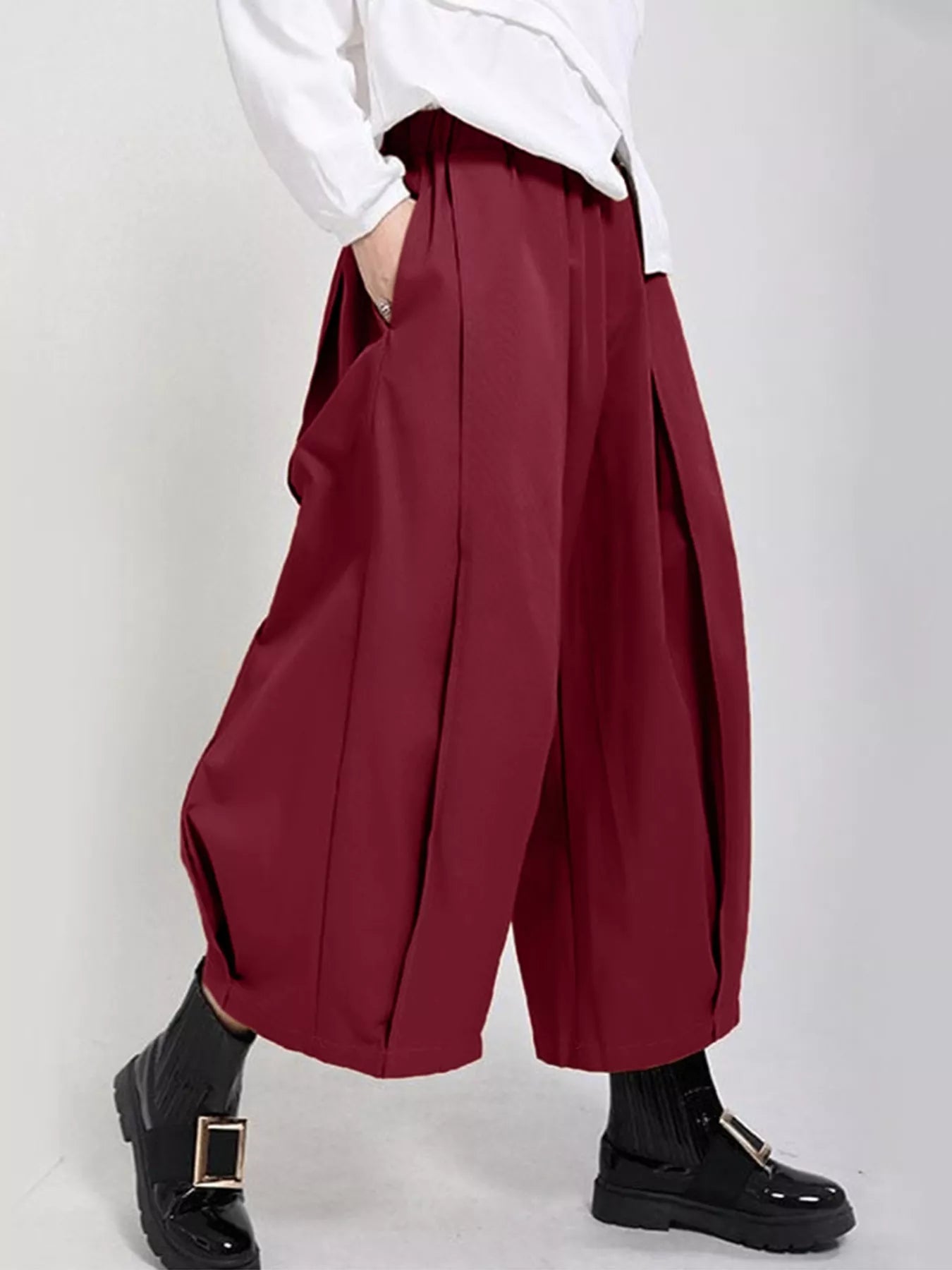 Wide Leg Pleated Detail Pants Burgundy