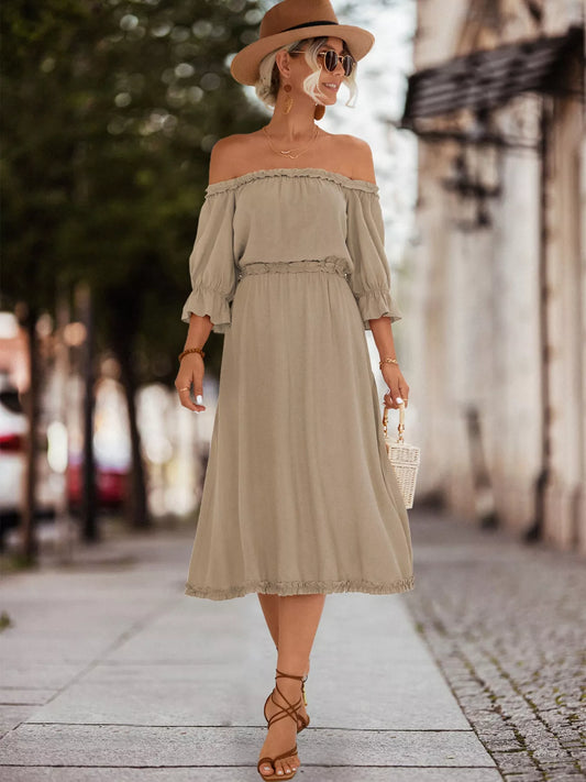 Off-Shoulder Flounce Sleeve Midi Dress Khaki