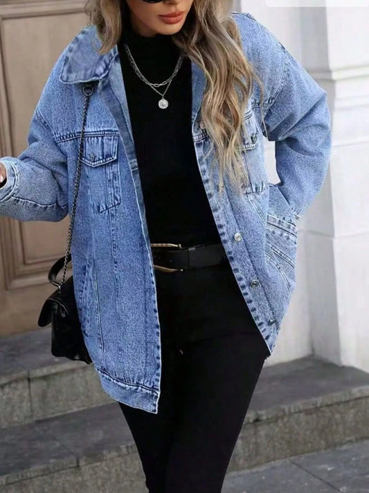 Washed Button Up Oversized Denim Jacket Blue