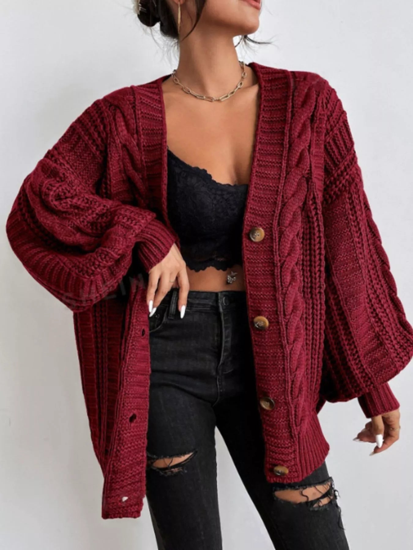 Chunky Knit Cable Knit Button-Up Cardigan Deep Red