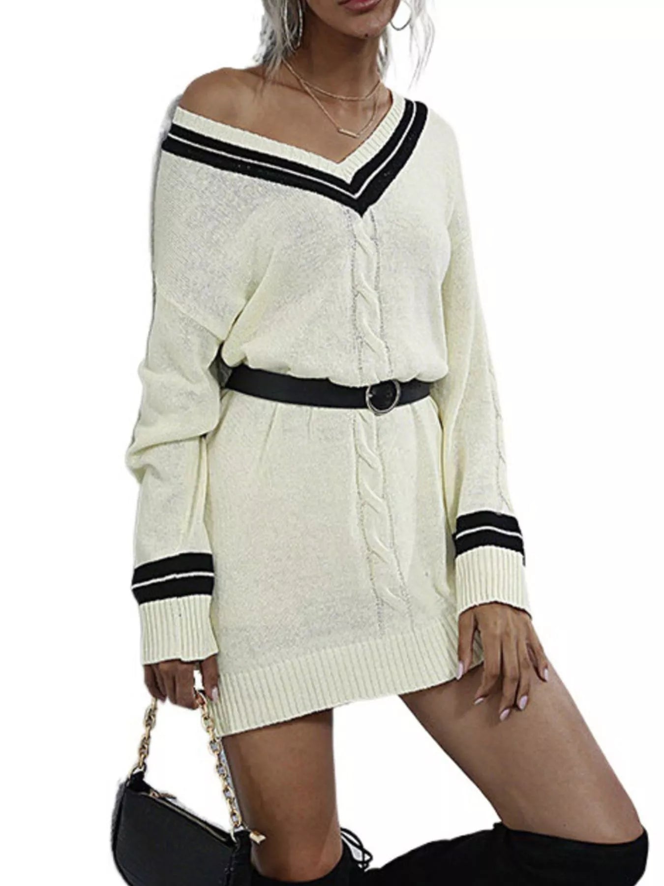 V-Neck Striped Trim Cable Knit Sweater Dress