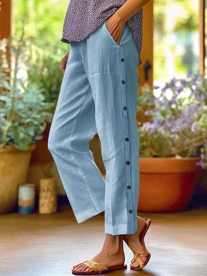 Full Size Side Decor Button Casual Wide Leg Pants Plus Size Sky Blue