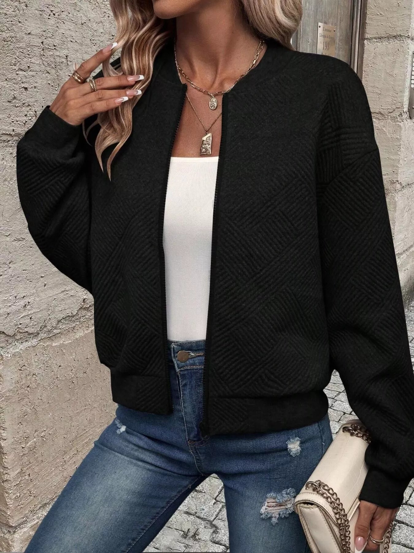 Texture Zip-Up Bomber Jacket Black