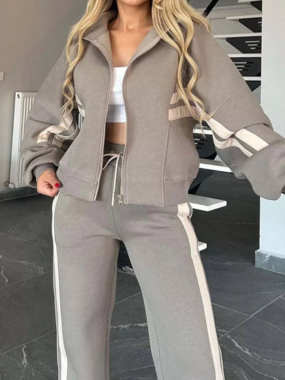 Full Size Contrast Stripe Zip Up Jacket and Pants Set Plus Size