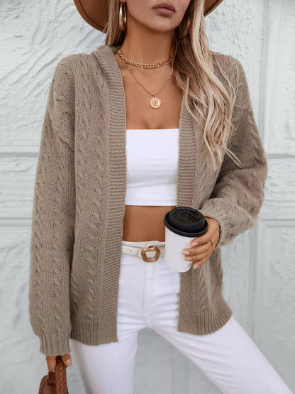 Cable Knit Open Front Hooded Cardigan