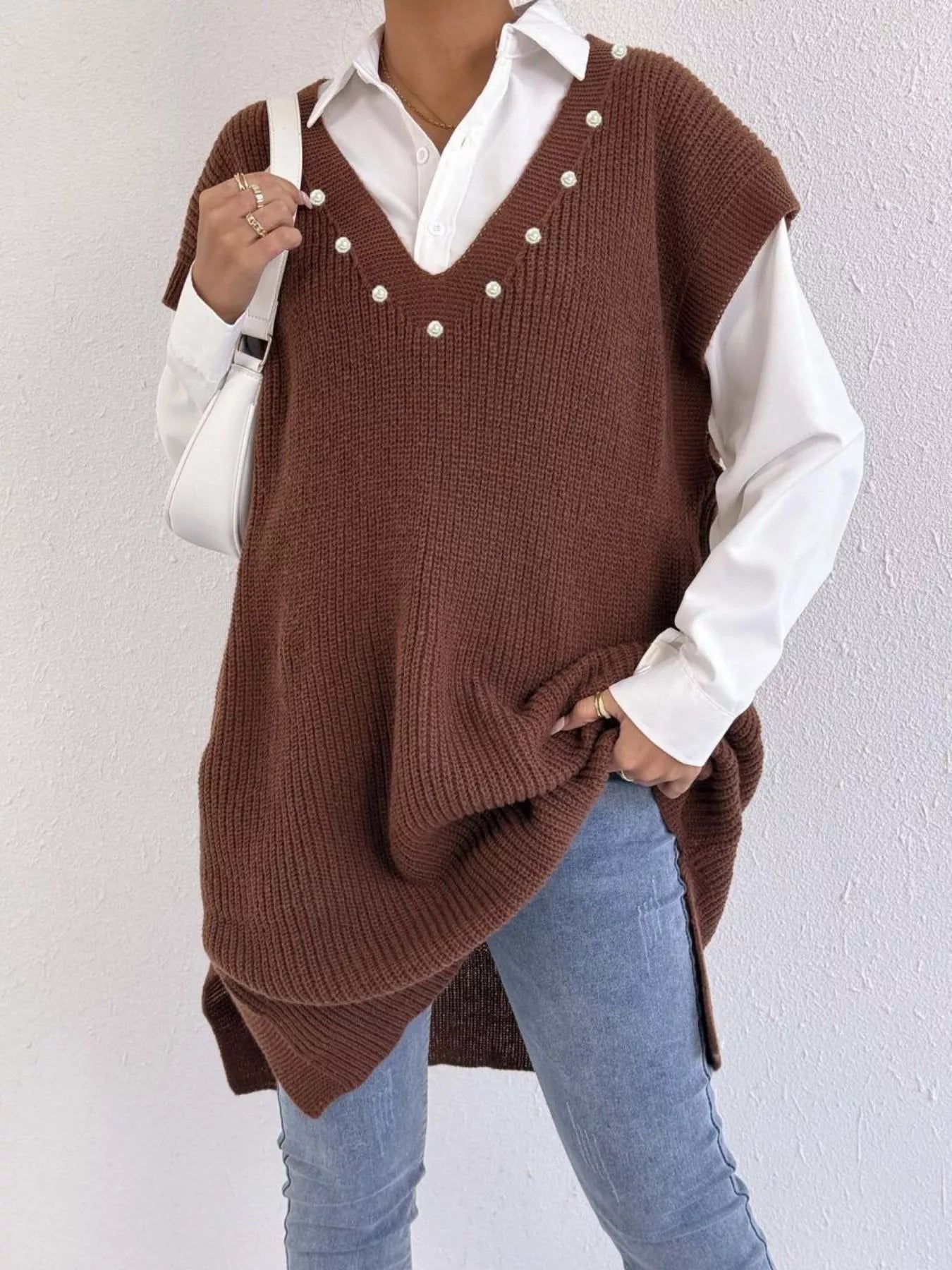 Slit V-Neck Sweater Dress