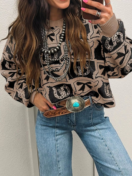 Bows & Horseshoes Pattern Round Neck Sweater Coffee Brown