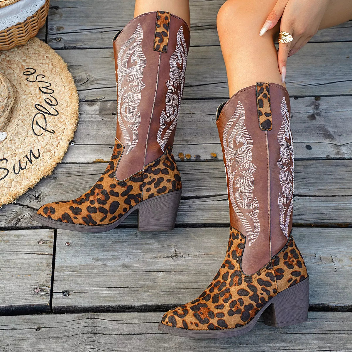 Western Embroidered Mid-Calf Boots