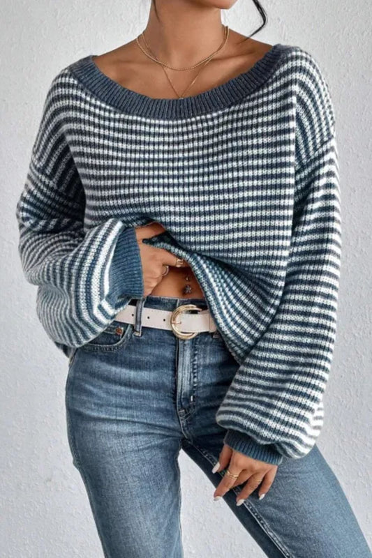 Striped Boat Neck Long Sleeve Sweater Blue
