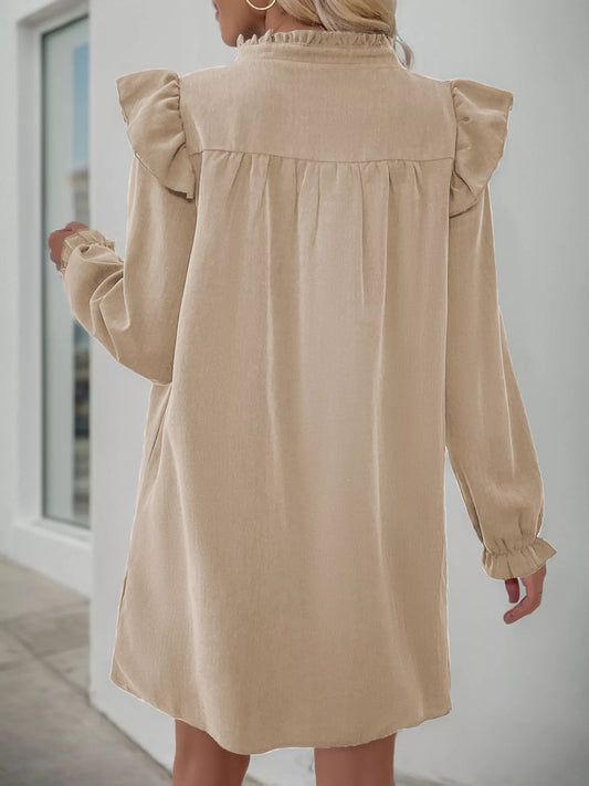 Ruffled Notched Long Sleeve Dress