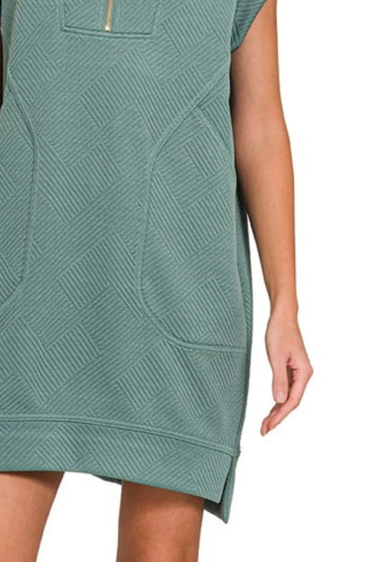 Zenana Textured Knit Jacquard Quarter Zipper Mini Dress