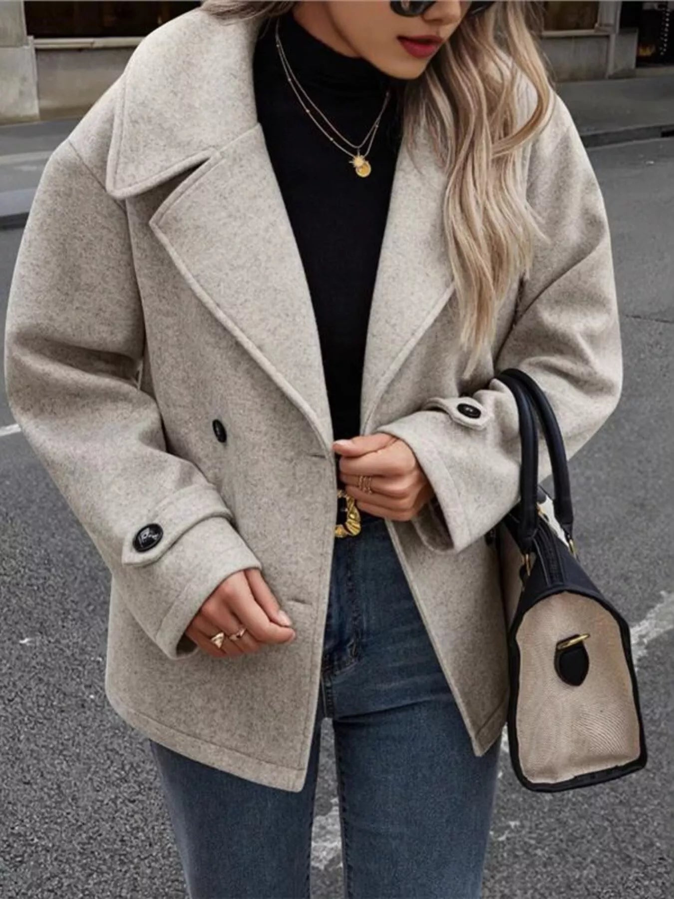 Double-Breasted Wool Blend Casual Jacket Apricot