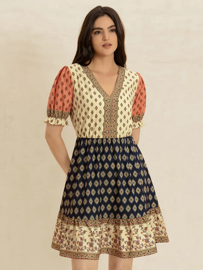 Printed V-Neck Short Sleeve Dress