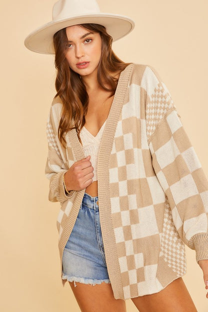 Back To School Sweater - Annie Wear Checkered Open Front Drop Shoulder Cardigan