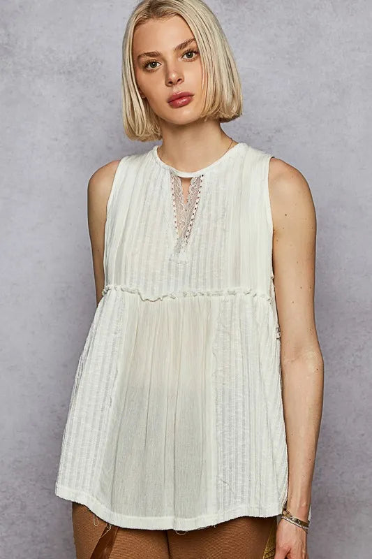 POL Lace Trim Round Neck Tank with Pintuck Detail