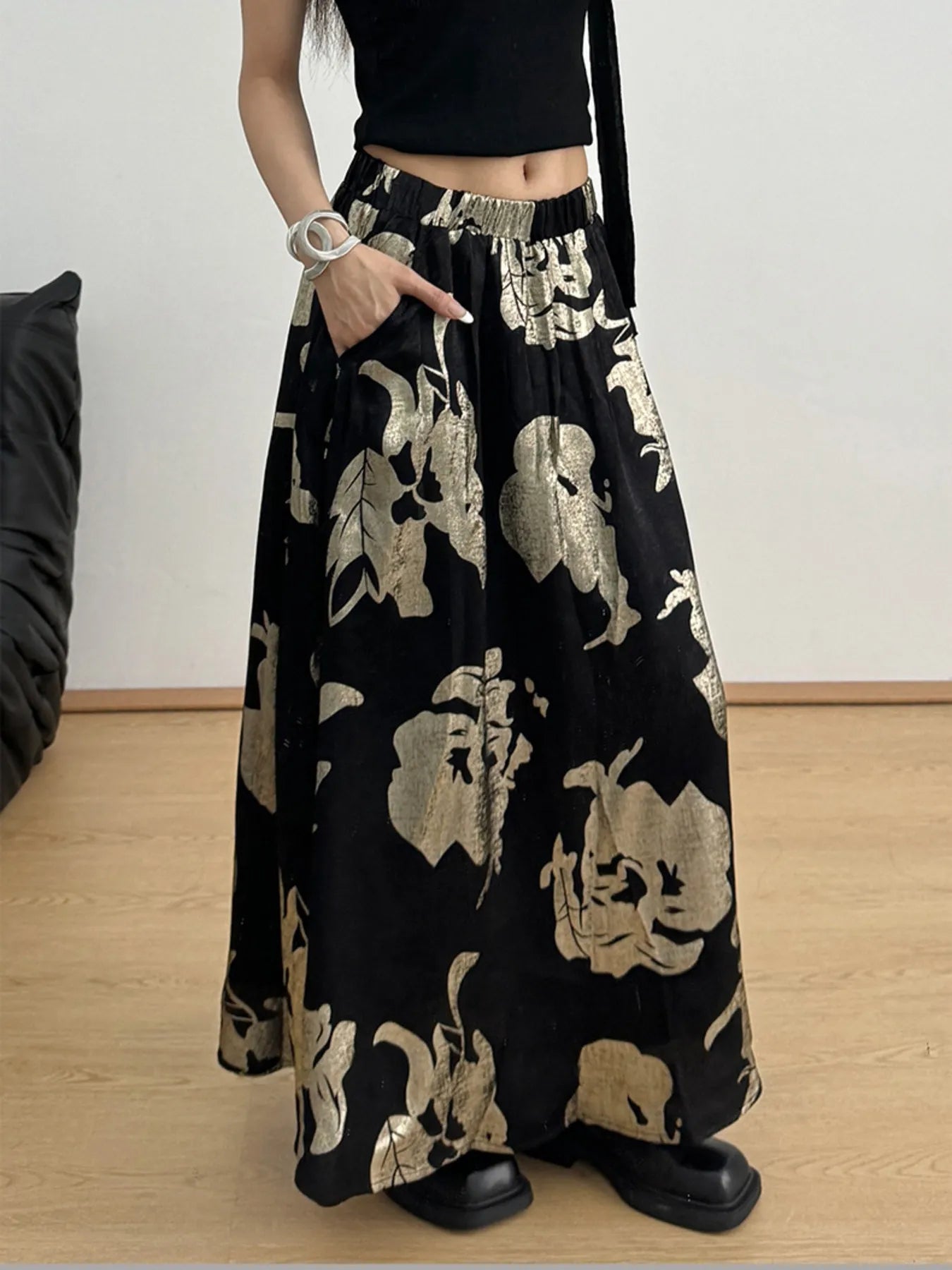 Printed Wide Leg Skirt Black