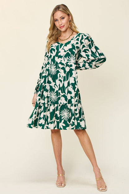 Printed Ruffle Hem Long Sleeve Rayon Dress