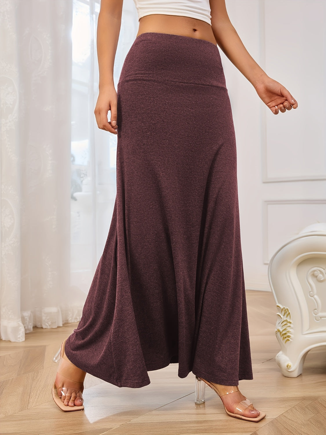 Solid Elastic Waist Maxi Skirt Burgundy