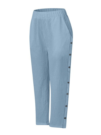 Full Size Side Decor Button Casual Wide Leg Pants Plus Size