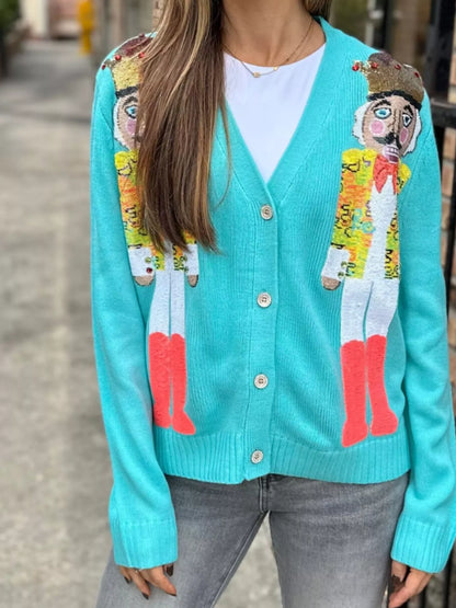 Nutcracker Ribbed Hem V-Neck Cardigan