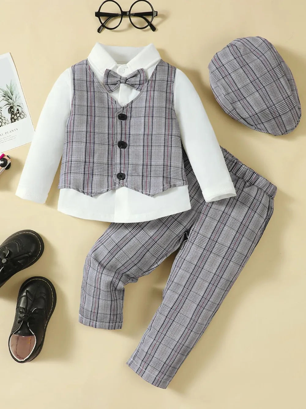 Hat, Long Sleeve Shirt, Plaid Vest and Pants 4-Piece Set Black White