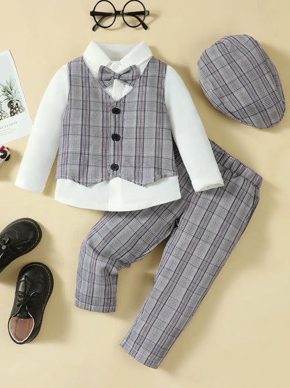 Hat, Long Sleeve Shirt, Plaid Vest and Pants 4-Piece Set Black White