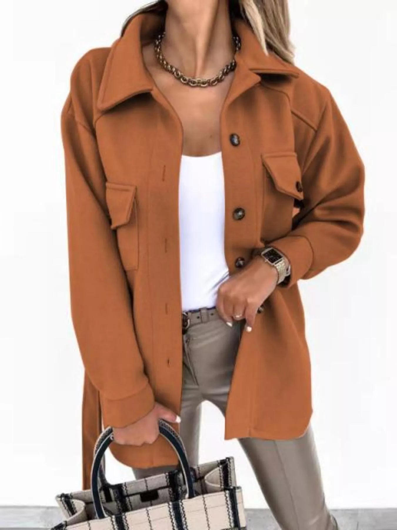 Button-Down Tie Waist Coat Caramel
