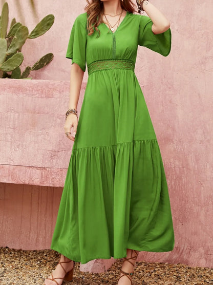 Lace Detail V-Neck Short Sleeve Dress Green