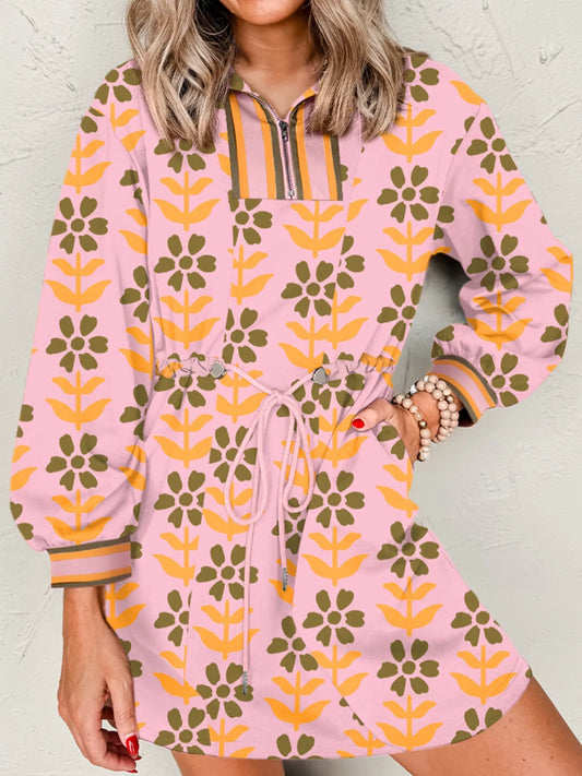 Printed Drawstring Waist Mini Dress Watermelon pink