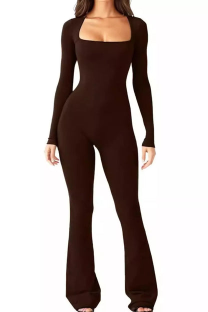 Square Neck Long Sleeve Jumpsuit Brown
