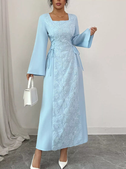 Lace Up Square Neck Long Sleeve Maxi Dress