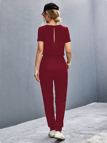 Casual V-Neck Short Sleeve Drawstring Waist Jumpsuit