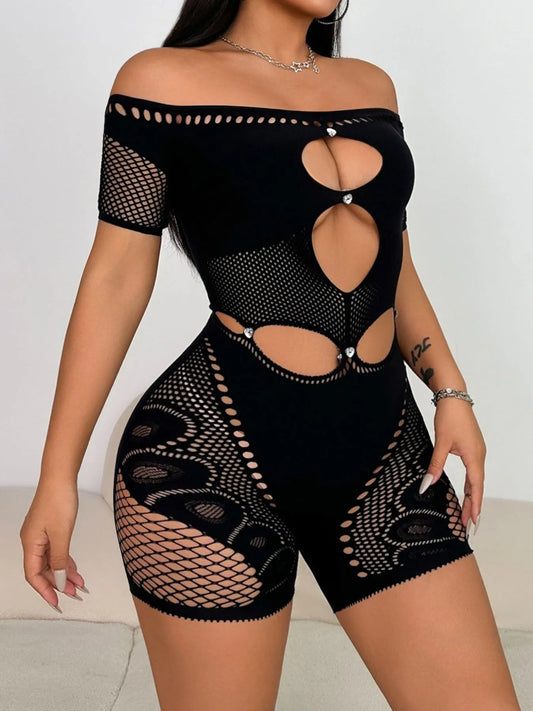 Cutout Off Shoulder Fishing Net Romper