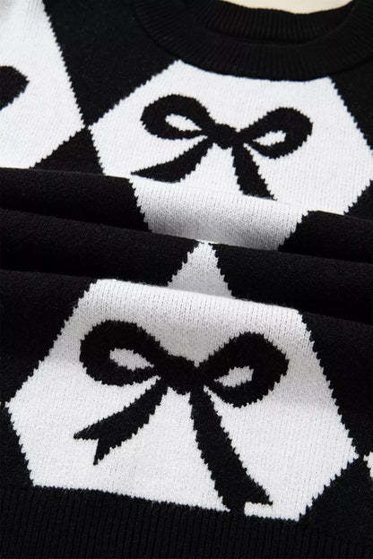 Bow Pattern Long Sleeve Contrast Sweater