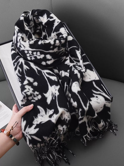 Floral Print Scarf with Fringe Detail Black One Size