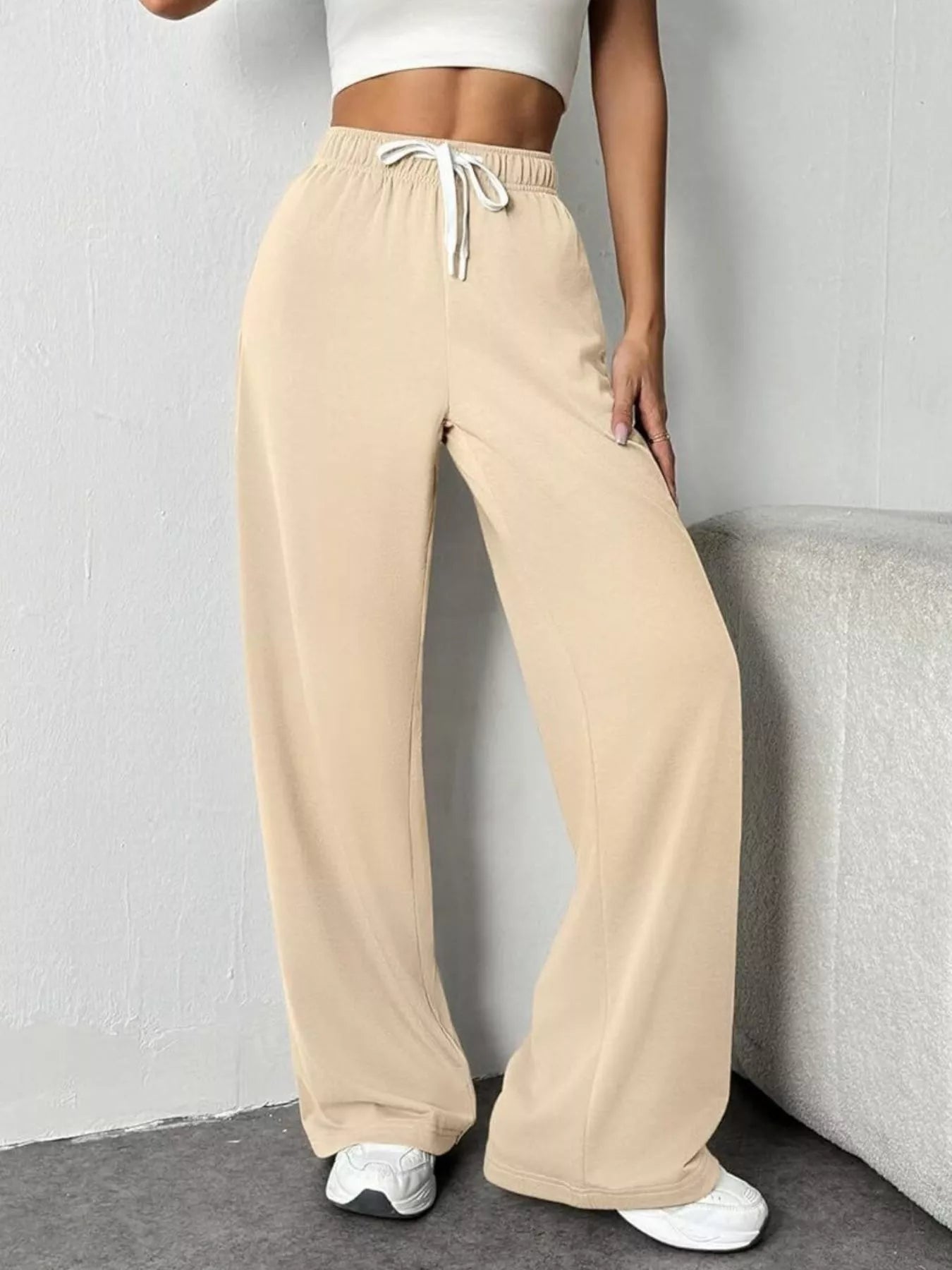 Drawstring Wide Leg Pants Beige