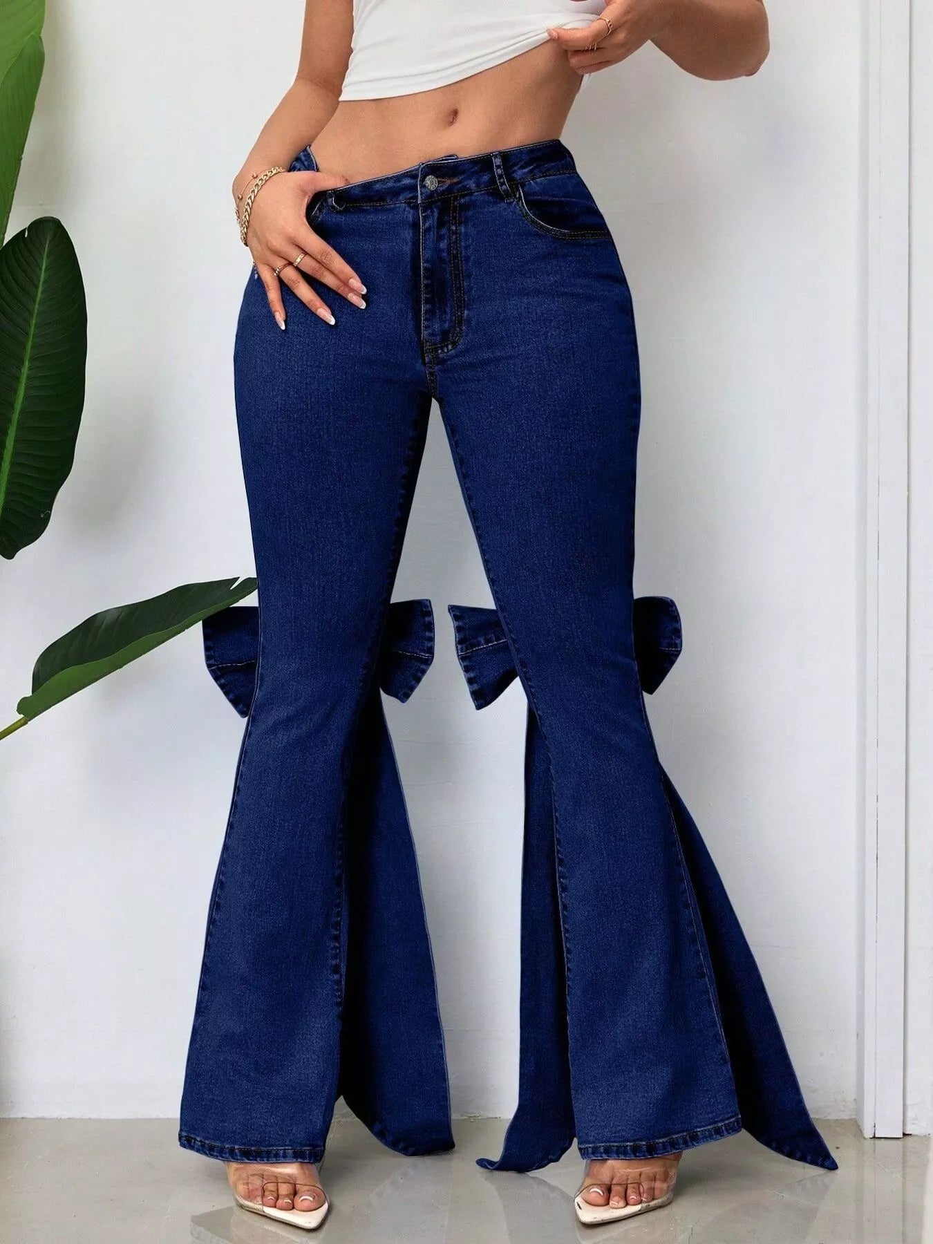 Bow-Accented Flare Leg Jeans Dark Blue