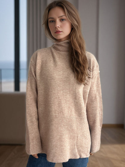 Side Slit Turtleneck Long Sleeve Sweater Camel One Size