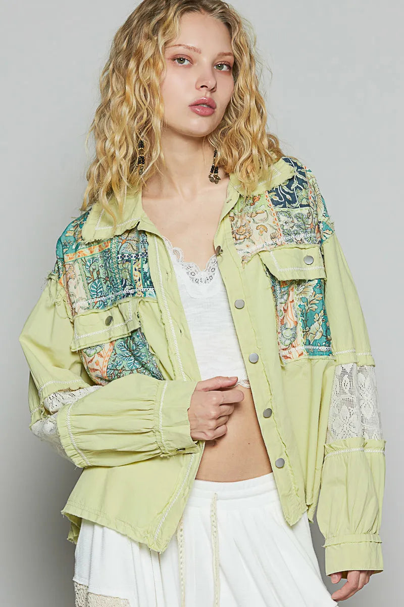 POL Printed Woven Mix Raw Hem Jacket with Lace Detail Sage