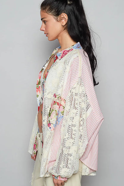 POL Lace Long Sleeve Shirt with Floral and Striped Pattern